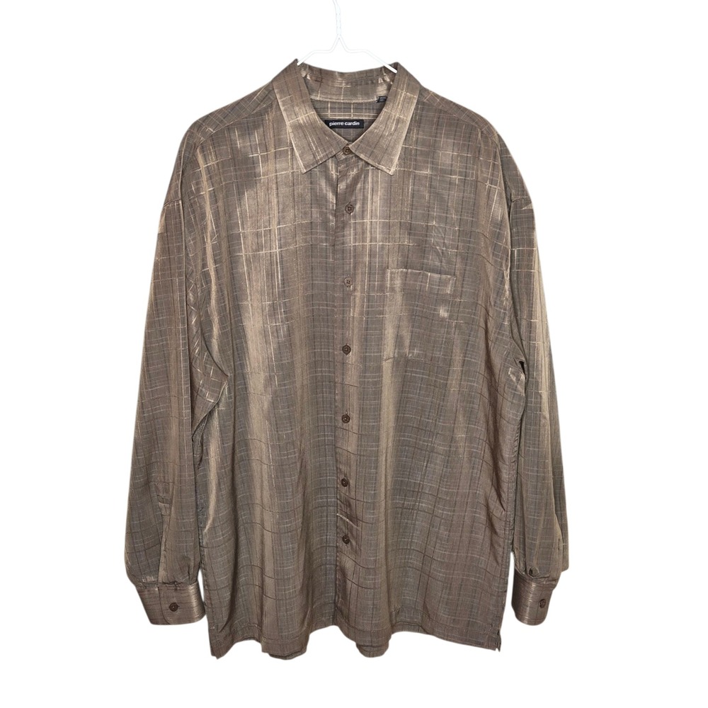 Vintage Pierre Cardin XXL Button Down Shirt Gold Brown Plaid Long Sleeve Mens - Picture 2 of 6